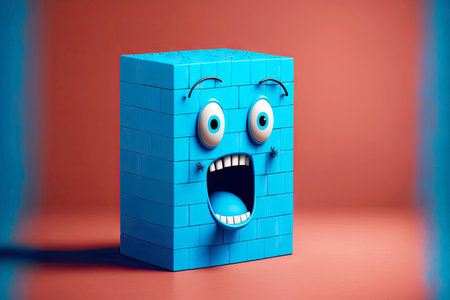 blue cute cartoon character brick on blue background, generative aiの素材