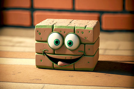 cute cartoon character brick with green eyes and smiling face, generative aiの素材