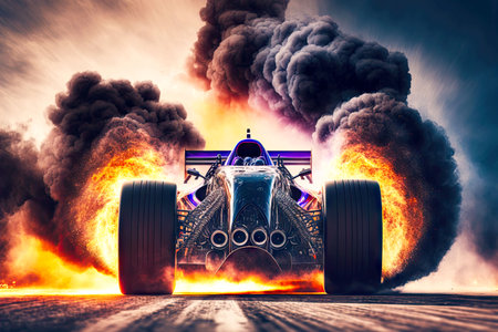powerful racing car at drag racing start leaves behind smoke of burning tires