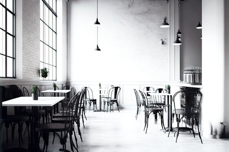 interior of empty loft cafe with metal chairs and tables on white background, generative aiの素材