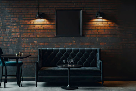 interior of dark empty loft cafe with black sofa against background of brick wall, generative aiの素材