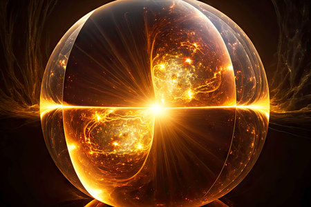 energy of the universe in spherical shape with rays reflecting from all sides, generative aiの素材