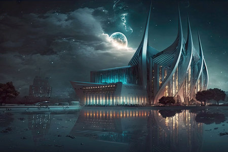 night city panorama and futuristic university building with long legs in water, generative aiの素材