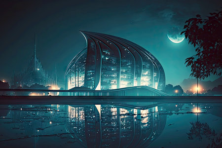 night city panorama and futuristic university building with long legs in water, generative aiの素材