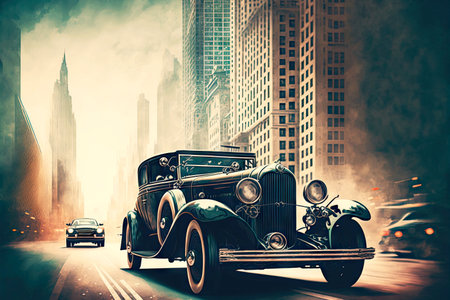 vintage car in modern city driving on road among skyscrapers, generative aiの素材