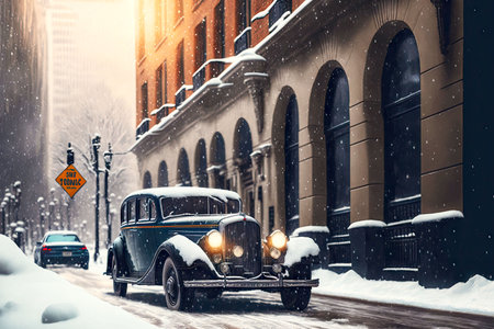 vintage car in modern city drove along sidewalk covered with snow, generative aiの素材