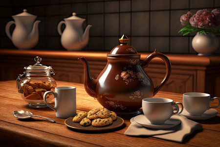 set of teapot with tea and biscuits on table in kitchen, generative aiの素材