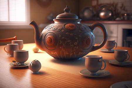 large teapot with tea in middle on table next to cups, generative aiの素材