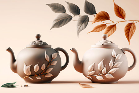 two grey teapots with leaves and dry tea on beige background, generative aiの素材