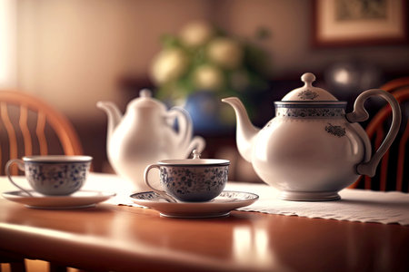 dinner table with assortment of crockery and teapot on blurry background, generative aiの素材