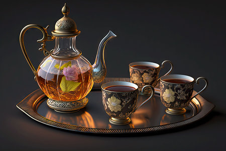 tea service with teapot set on tray, generative aiの素材