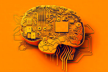 image of human brain machine learning system on orange background, generative aiの素材