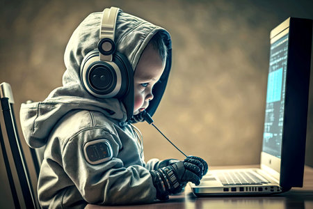 robot child in jacket and headphones studies computer screen with machine learning technology, generative aiの素材