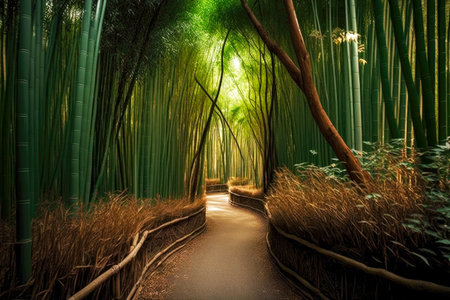 bamboo forest trees with trails and paths among tall trees, generative aiの素材