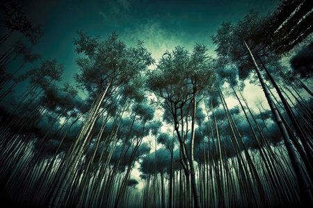 lonely tall bamboo forest trees against sky, generative aiの素材
