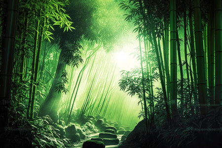 ultra-green bamboo forest trees in background of landscape and nature, generative aiの素材