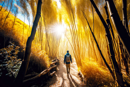hiking through bamboo forest trees in sunny autumn afternoon, generative aiの素材