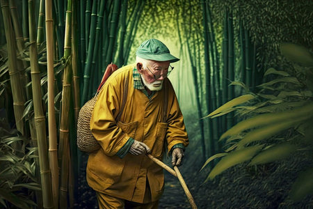 elderly gardener in clearing of bamboo forest trees, generative aiの素材