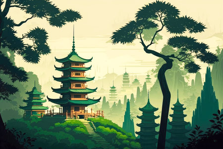 asian landscape with bamboo forest trees and pagoda on hill, generative aiの素材
