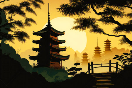 asian landscape with bamboo forest trees and pagoda on hill, generative aiの素材