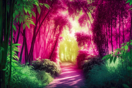 pink sunny path in bamboo forest trees against background of lush greenery, generative aiの素材