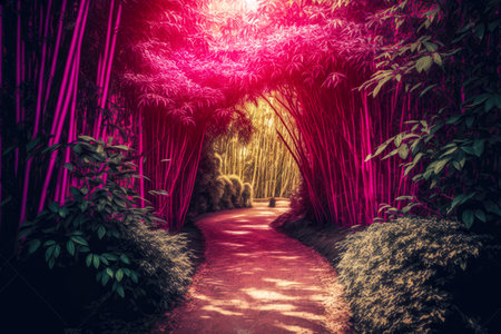 pink sunny path in bamboo forest trees against background of lush greenery, generative aiの素材