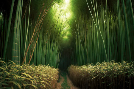 tall slender bamboo forest trees flocking together in field, generative aiの素材