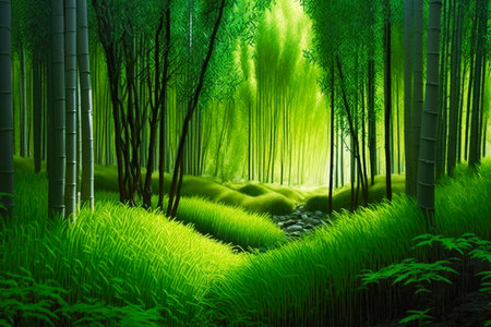 forest clearing with bright green grass in middle and tall bamboo forest trees, generative aiの素材
