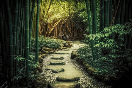 lonely stone path in bamboo forest trees among dense vegetation, generative aiの素材