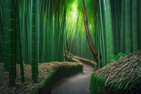 bamboo forest trees with slender bamboo shoots growing along ground, generative aiの素材