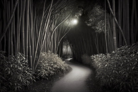 dark grey path between bamboo forest trees in exotic nature, generative aiの素材