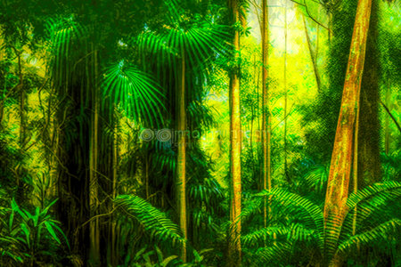 tall pines and ferns growing in tropical bamboo forest trees, generative aiの素材