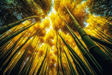 tall spreading bamboo forest trees with yellow stems and leaves, generative aiの素材