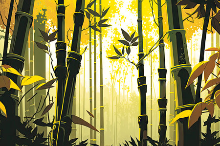 tall spreading bamboo forest trees with yellow stems and leaves, generative aiの素材