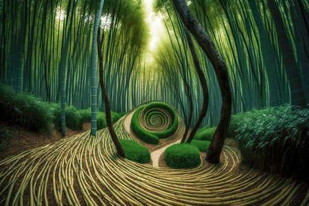 windy twisting paths through bamboo forest trees, generative aiの素材