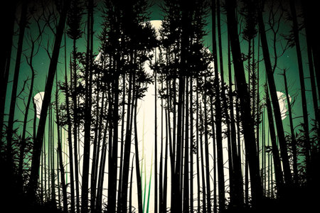 tall slender trees in silhouettes among bamboo forest trees, generative aiの素材