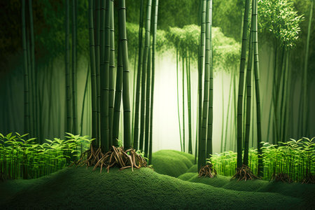 tall green bamboo forest trees with grass growing on fertile soil, generative aiの素材