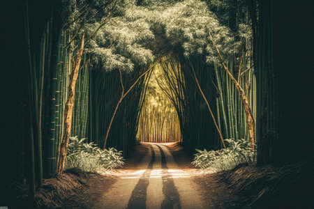 evenly spaced individual bamboo forest trees along dirt road, generative aiの素材