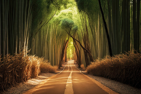 evenly spaced individual bamboo forest trees along dirt road, generative aiの素材