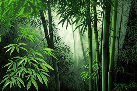 growing bamboo forest trees with broad green foliage, generative aiの素材