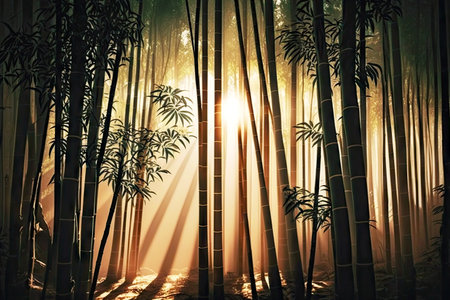 deserted thick bamboo forest trees in rays of sun, generative aiの素材