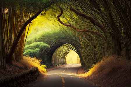 arching bamboo forest trees along yellow road in green treeless valley, generative aiの素材