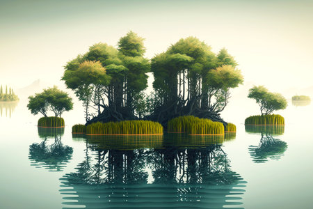 thin tall bamboo forest trees standing on small islands in lake, generative aiの素材