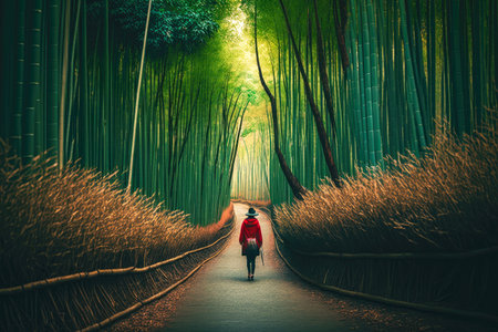 lonely person walking among giant bamboo forest trees, generative aiの素材