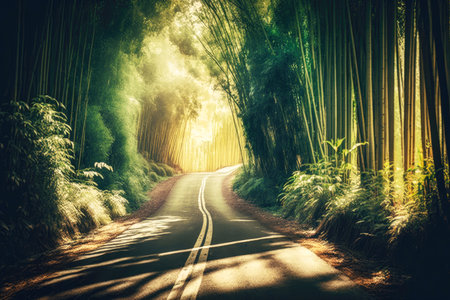 windy lonely road through bamboo forest trees in sunny clearing, generative aiの素材