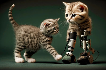 cute kitten with cat with a robotic leg support for operation, generative aiの素材