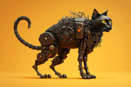 big black cat with robotic leg on brown background, generative aiの素材