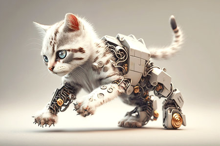 young cute kitten with robotic leg on gray background, generative aiの素材