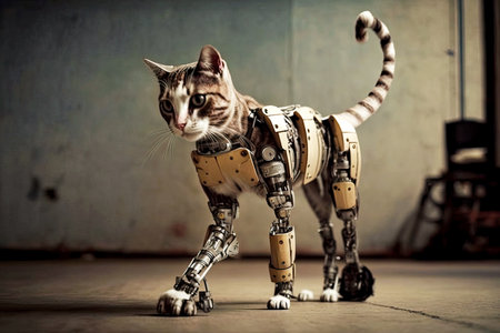 robotic cat with a robotic leg to tests technical innovations, generative aiの素材