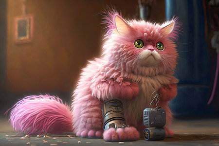 pink fluffy cat with a robotic leg looks at his paw, generative aiの素材